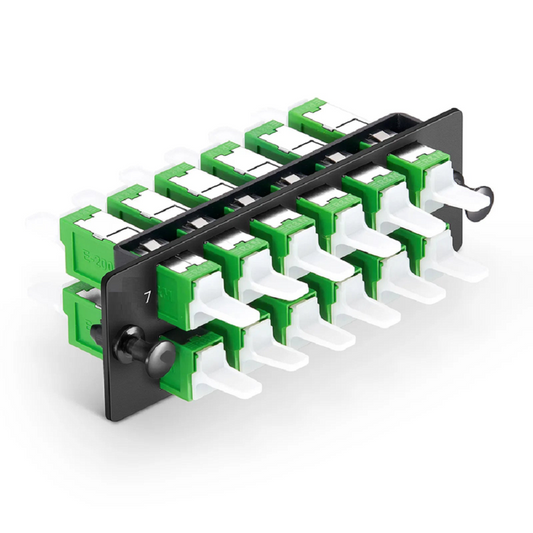Refurb Squared FHDA Adapter Panel, 12 Fibers OS2 Single Mode, 12 x LSH APC Simplex (Green) Adapter, Ceramic Sleeve