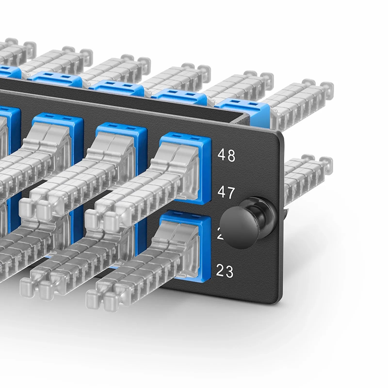 Refurb Squared FHDA Fiber Adapter Panel, 48 Fibers OS2 Single Mode, 12 x MDC UPC 2-Port Duplex (Blue) Adapter, Ceramic Sleeve
