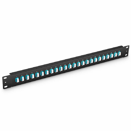 Refurb Squared FHUA 1U 19'' Fiber Adapter Panel, 48 Fibers OM4 Multimode, 24 x LC UPC Duplex (Aqua) Adapter, Ceramic Sleeve