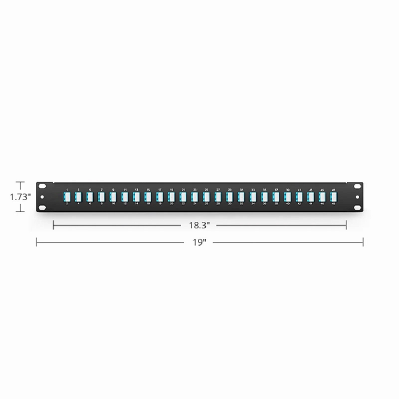 Refurb Squared FHUA 1U 19'' Fiber Adapter Panel, 48 Fibers OM4 Multimode, 24 x LC UPC Duplex (Aqua) Adapter, Ceramic Sleeve