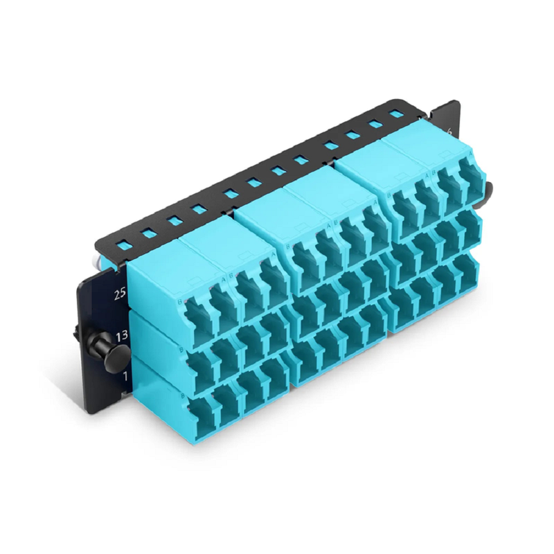 Refurb Squared FHDA Fiber Adapter Panel, 36 Fibers OM4 Multimode, 18 x Shuttered LC UPC Duplex (Aqua) Adapter, Ceramic Sleeve