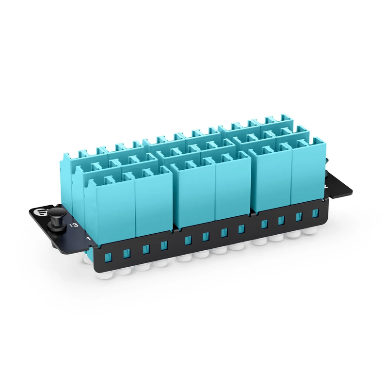 Refurb Squared FHDA Fiber Adapter Panel, 36 Fibers OM4 Multimode, 18 x Shuttered LC UPC Duplex (Aqua) Adapter, Ceramic Sleeve