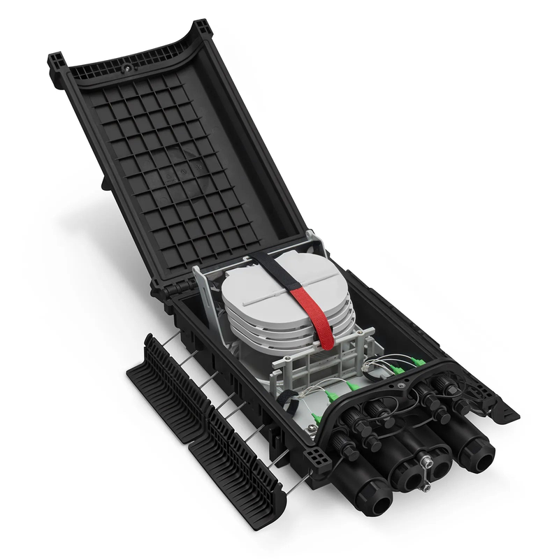 Refurb Squared Fully Pre-Terminated Fiber Distribution Hub Box for Quick ODN, 1 Uncut Port, 2 Branch Ports and 8 SC/APC Hardened Adapters, Mechanical Seal, Supports 1:2/1:4/1:8 Mini Splitters, PP+GF, IP68, Wall/Pole/Aerial Mount, Indoor/Outdoor