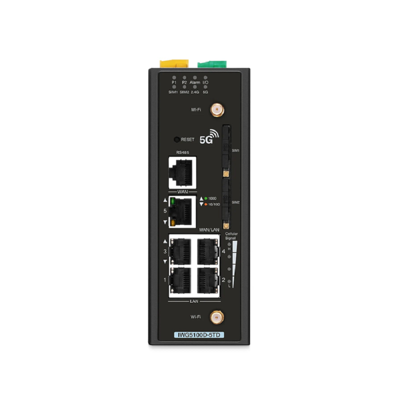 Refurb Squared IWG5100D-5TD, 5-Port Gigabit Ethernet Industrial 5G NR Cellular Wireless Gateway, with 5 x 10/100/1000BASE-T RJ45, 3 LAN Ports, 1 LAN/WAN Port, 1 WAN Port, Support Dual-SIM and IPSec VPN