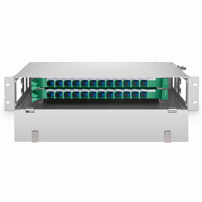 Refurb Squared 2U Rack Mount Fiber Optic Distribution Panel, 24 Fibers OS2 Single Mode, 24 x SC UPC Simplex (Blue) Adapter