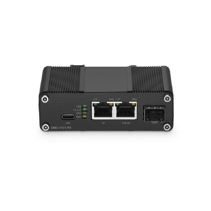Refurb Squared Unmanaged 4 x 10/100/1000Base-T RJ45 to 1 x 100/1000Base-X SFP Gigabit Ethernet PoE++ with PSE and PD Media Converter