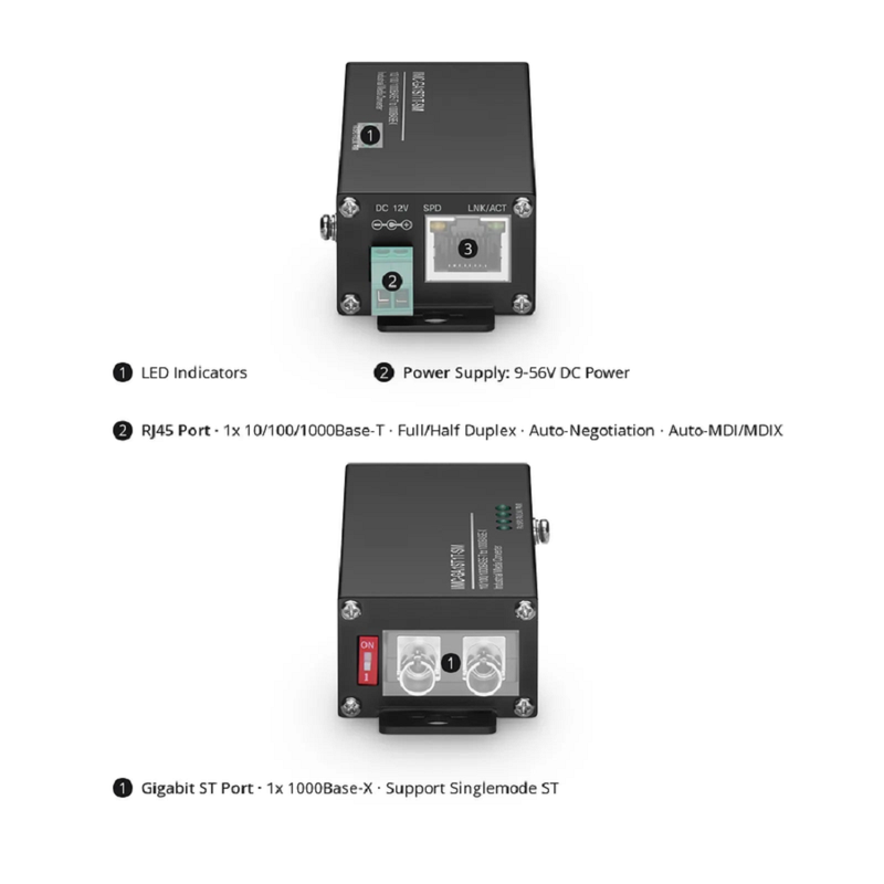 Refurb Squared Mini Industrial Unmanaged 1x 10/100/1000Base-T RJ45 to 1x 1000Base-X Single Mode ST 1310nm 20km Gigabit Ethernet Media Converter, American Plug Standard