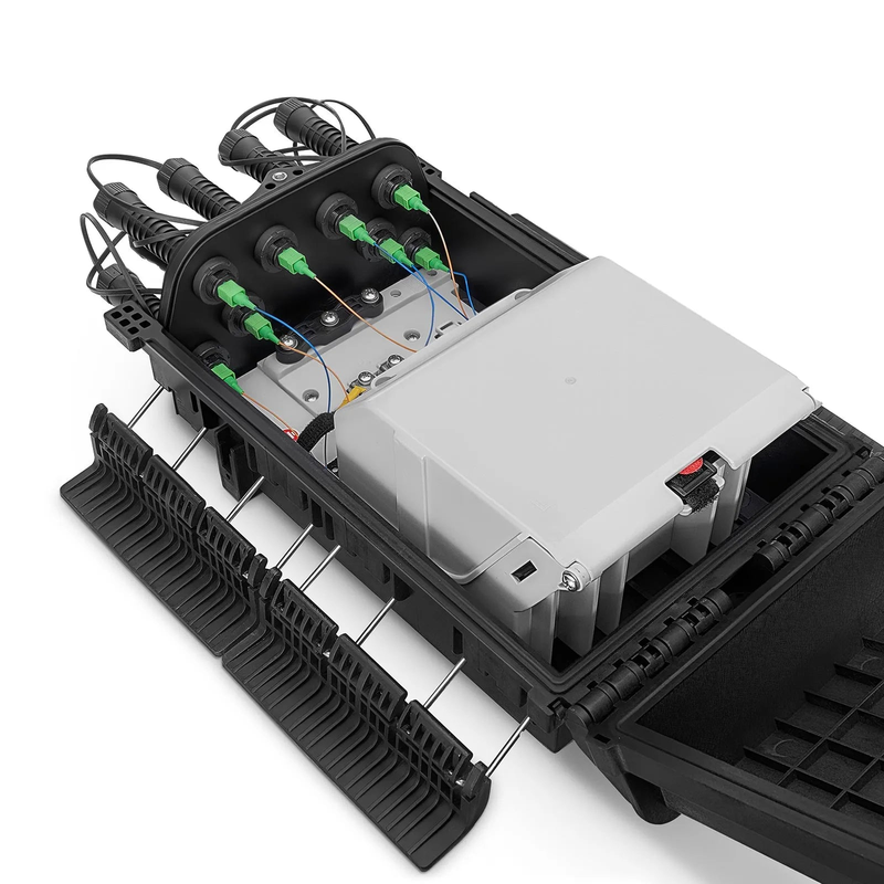 Refurb Squared Universal Pre-Terminated Hub Box for Quick ODN, 1 Uncut Port, 8 SC/APC Adapters, Mechanical Seal, Supports 1:2/1:4/1:8 Mini Splitters, PP+GF, IP65, Wall/Pole/Aerial Mount, Indoor/Outdoor