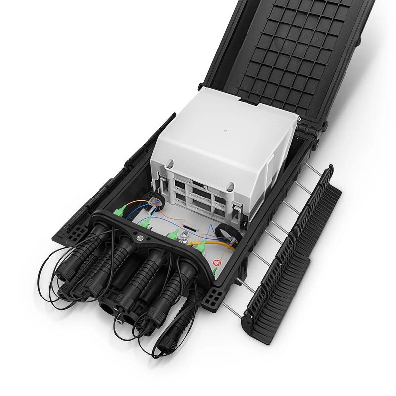 Refurb Squared Universal Pre-Terminated Hub Box for Quick ODN, 1 Uncut Port, 8 SC/APC Adapters, Mechanical Seal, Supports 1:2/1:4/1:8 Mini Splitters, PP+GF, IP65, Wall/Pole/Aerial Mount, Indoor/Outdoor