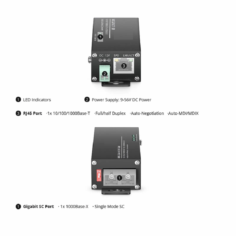 Refurb Squared Mini Industrial Unmanaged 1x 10/100/1000Base-T RJ45 to 1x 1000Base-X Single Mode SC 1310nm 20km Gigabit Ethernet Media Converter, European Plug Standard