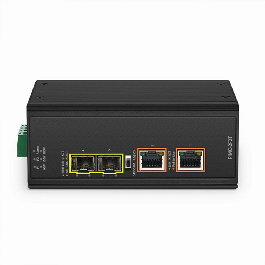 Refurb Squared Industrial Unmanaged 2x 10/100/1000Base-T RJ45 to 2x 100/1000Base-X SFP Gigabit PoE++ Ethernet Media Converter