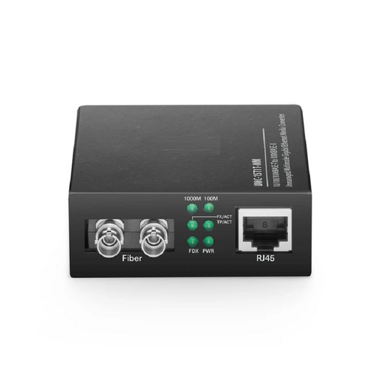 Refurb Squared Unmanaged 1x 10/100/1000Base-T RJ45 to 1x 1000Base-X Single Mode ST 1310nm 20km Gigabit Ethernet Media Converter, American Plug Standard