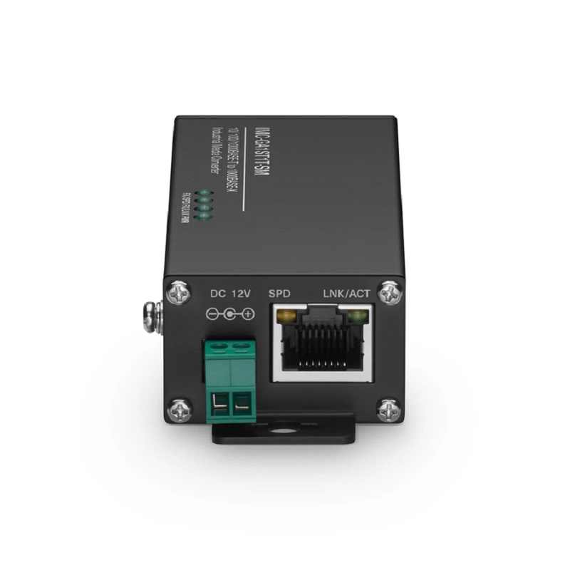 Refurb Squared Mini Industrial Unmanaged 1x 10/100/1000Base-T RJ45 to 1x 1000Base-X Single Mode ST 1310nm 20km Gigabit Ethernet Media Converter, American Plug Standard