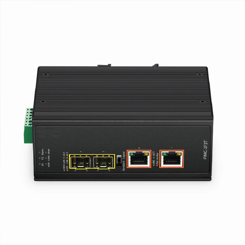 Refurb Squared Industrial Unmanaged 2x 10/100/1000Base-T RJ45 to 2x 100/1000Base-X SFP Gigabit PoE++ Ethernet Media Converter