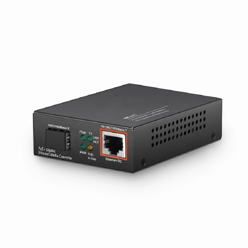 Refurb Squared Unmanaged 1x 10/100/1000Base-T RJ45 to 1x 100/1000Base-X SFP Gigabit Ethernet PoE+ Media Converter, American Plug Standard