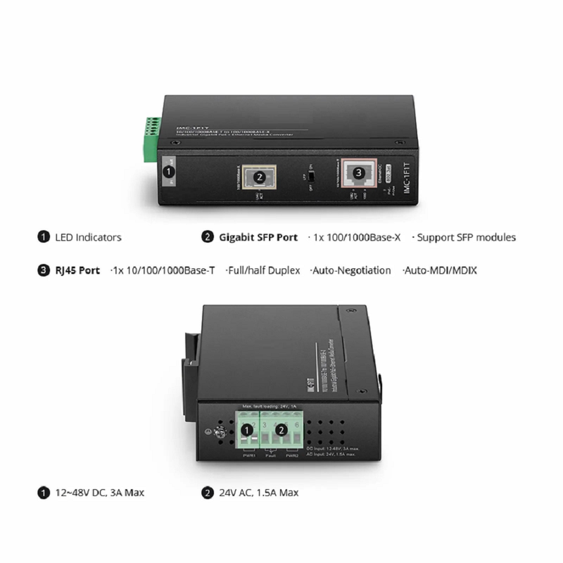 Refurb Squared Industrial Unmanaged 1x 10/100/1000Base-T RJ45 to 1x 100/1000Base-X SFP Gigabit PoE+ Ethernet Media Converter