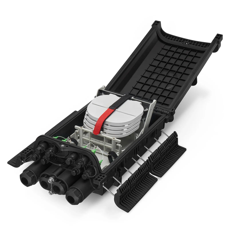 Refurb Squared Fully Pre-Terminated Fiber Distribution Hub Box for Quick ODN, 1 Uncut Port, 2 Branch Ports and 8 SC/APC Hardened Adapters, Mechanical Seal, Supports 1:2/1:4/1:8 Mini Splitters, PP+GF, IP68, Wall/Pole/Aerial Mount, Indoor/Outdoor