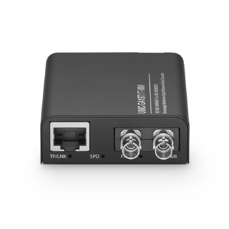 Refurb Squared Mini Unmanaged 1x 10/100/1000Base-T RJ45 to 1x 100/1000Base-X Multimode ST 850nm 220/550m Gigabit Ethernet Media Converter, European Plug Standard
