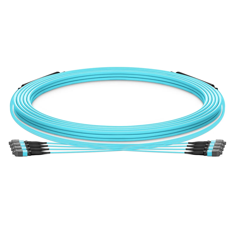 Refurb Squared 30m (98ft) MTP® Trunk Cable, MTP®-12 UPC (Male) to MTP®-12 UPC (Female), 48 Fibers, Multimode (OM3), Plenum (OFNP), 0.20dB Max, Type A, Double Jacket, Aqua