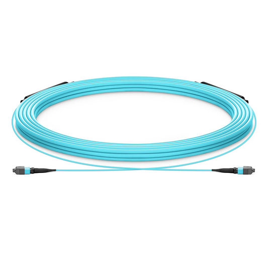 Refurb Squared 30m (98ft) MTP® Trunk Cable, MTP®-12 UPC (Male) to MTP®-12 UPC (Female), 12 Fibers, Multimode (OM3), Plenum (OFNP), 0.20dB Max, Type A, Double Jacket, Aqua