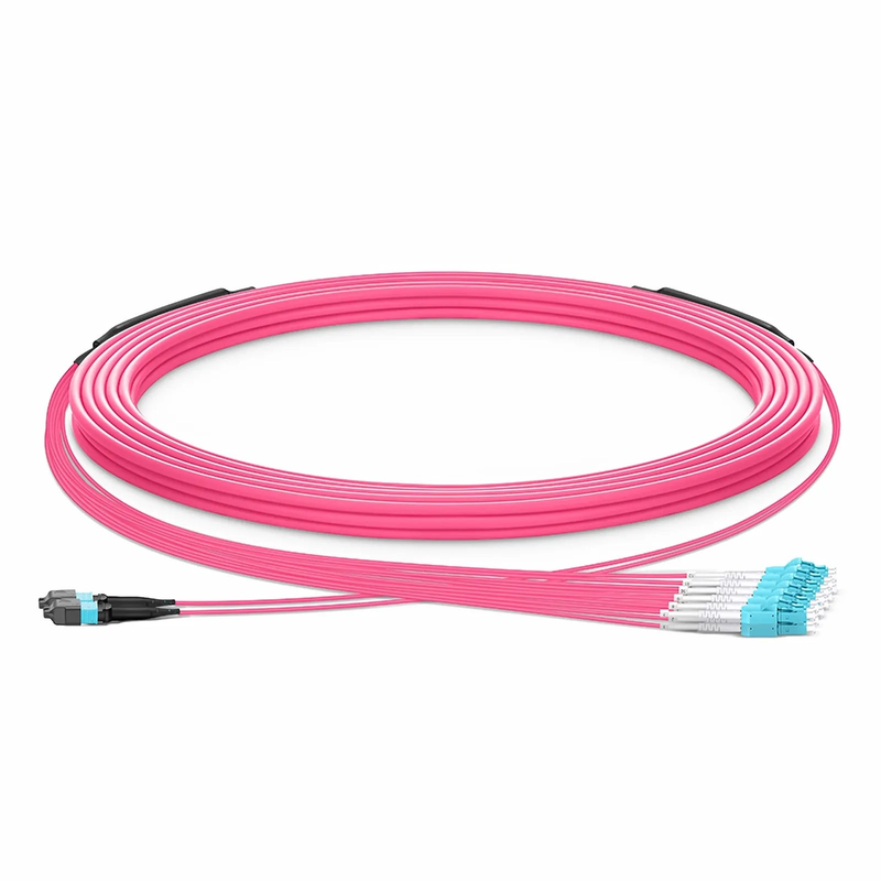 Refurb Squared 30m (98ft) MTP® Hybrid Trunk Cable, MTP®-12 UPC (Female) to 6 LC UPC Duplex Uniboot, 24 Fibers, Multimode (OM4), Plenum (OFNP), 0.20dB Max, Type B, Double Jacket, Magenta