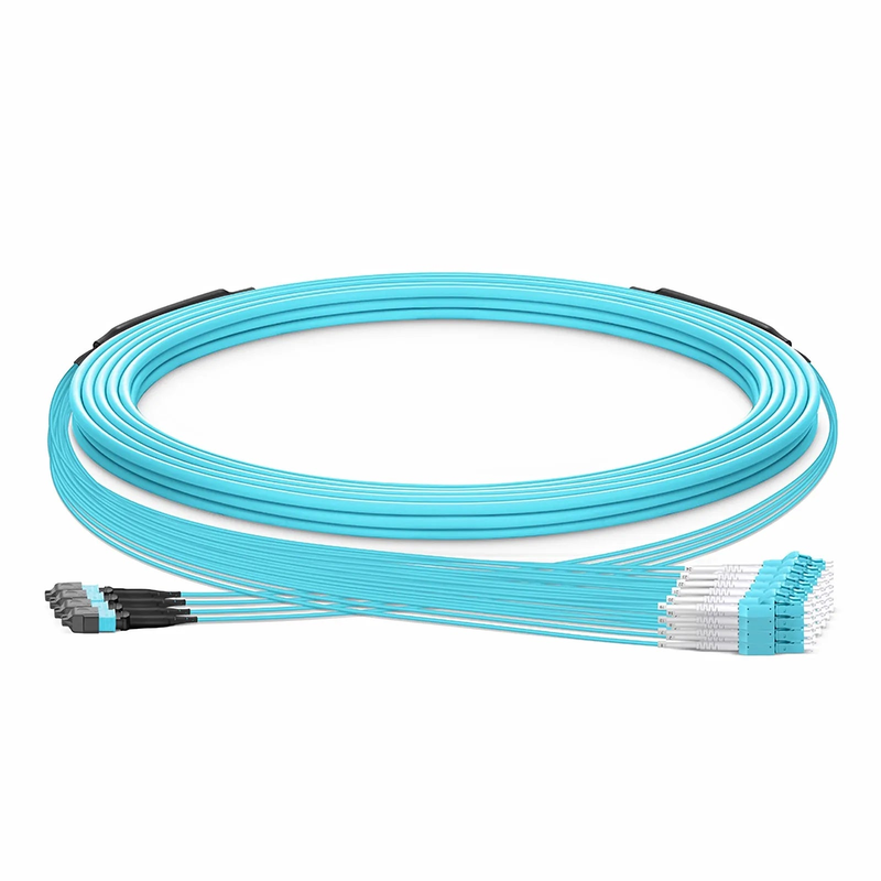 Refurb Squared 30m (98ft) MTP® Hybrid Trunk Cable, MTP®-12 UPC (Female) to 6 LC UPC Duplex Uniboot, 48 Fibers, Multimode (OM3), Plenum (OFNP), 0.20dB Max, Type B, Double Jacket, Aqua
