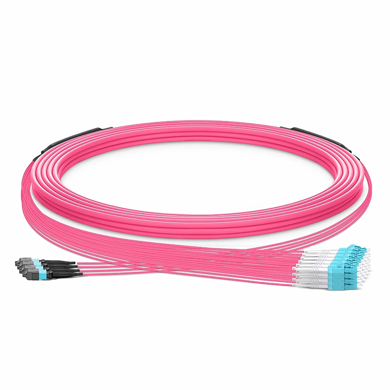 Refurb Squared 30m (98ft) MTP® Hybrid Trunk Cable, MTP®-12 UPC (Female) to 6 LC UPC Duplex Uniboot, 48 Fibers, Multimode (OM4), Plenum (OFNP), 0.20dB Max, Type B, Double Jacket, Magenta