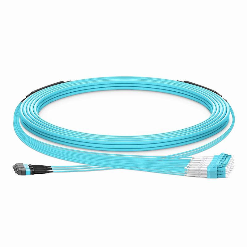Refurb Squared 30m (98ft) MTP® Hybrid Trunk Cable, MTP®-12 UPC (Female) to 6 LC UPC Duplex Uniboot, 36 Fibers, Multimode (OM3), Plenum (OFNP), 0.20dB Max, Type B, Double Jacket, Aqua