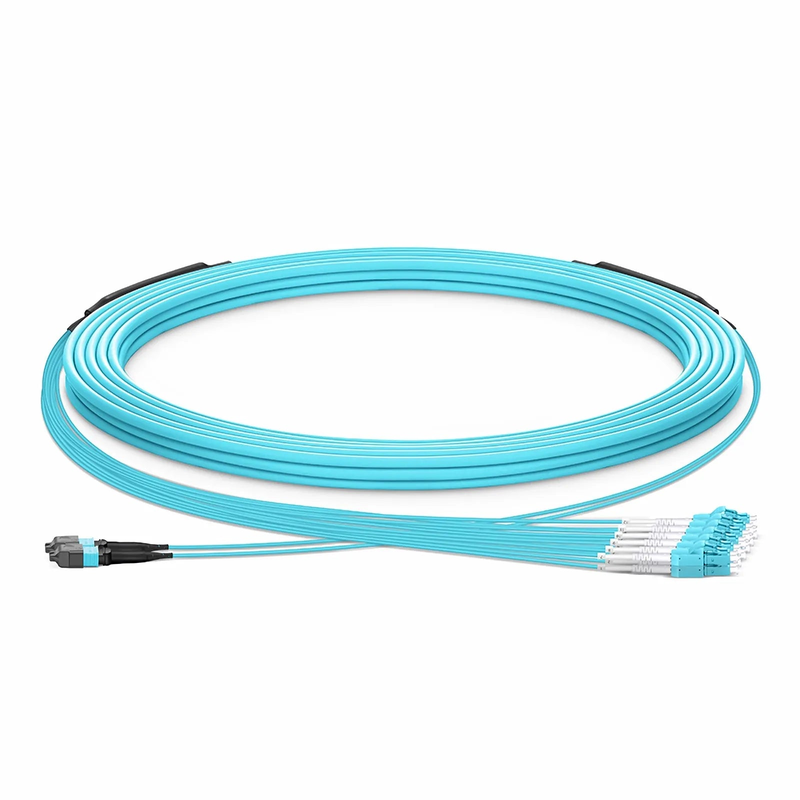 Refurb Squared 30m (98ft) MTP® Hybrid Trunk Cable, MTP®-12 UPC (Female) to 6 LC UPC Duplex Uniboot, 24 Fibers, Multimode (OM3), Plenum (OFNP), 0.20dB Max, Type B, Double Jacket, Aqua
