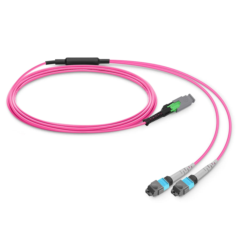 Refurb Squared 1m (3ft) MMC Breakout Cable, MMC-16 APC (Female) to 2 x MTP®-8 UPC (Female), 16 Fibers, Multimode (OM4), Plenum (OFNP), 0.35dB Max, Jumper Polarity, Magenta