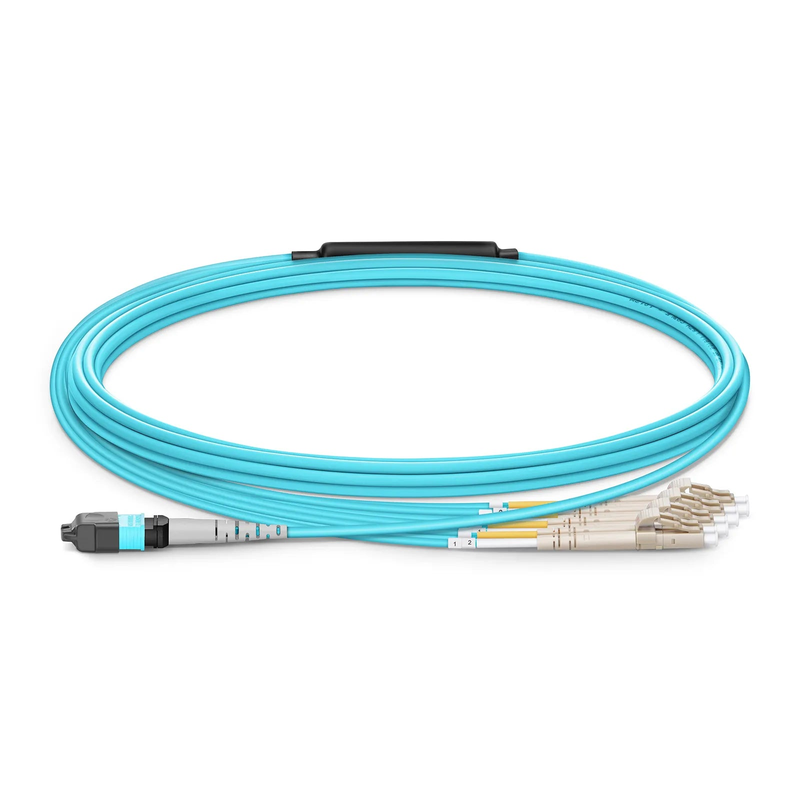 Refurb Squared 5m (16ft) MTP® Harness, MTP®-8 UPC (Female) to 4 x LC UPC Duplex, 8 Fibers, Multimode (OM4), Plenum (OFNP), 0.35dB Max, Type B, 1m Equal Breakout Length, Aqua