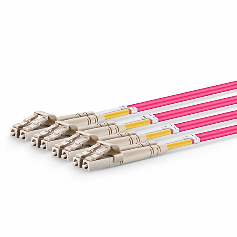 Refurb Squared 2m (7ft) MTP® Harness, MTP®-8 UPC (Female) to 4 x LC UPC Duplex, 8 Fibers, Multimode (OM4), Plenum (OFNP), 0.35dB Max, Type B, 1m Equal Breakout Length, Magenta