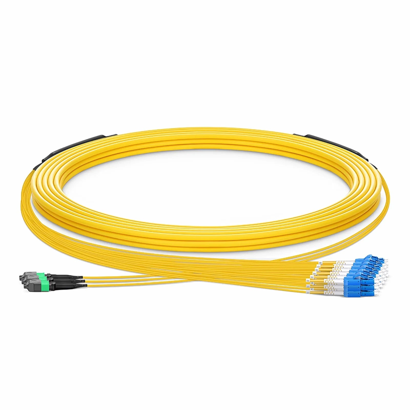 Refurb Squared 30m (98ft) MTP® Hybrid Trunk Cable, MTP®-12 APC (Female) to 6 LC UPC Duplex Uniboot, 36 Fibers, Single Mode (OS2), Plenum (OFNP), 0.35dB Max, Type B, Double Jacket, Yellow