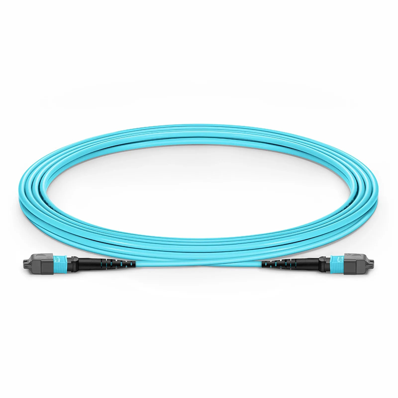 Refurb Squared 3m (10ft) MTP® Jumper, MTP®-12 UPC (Female) to MTP®-12 UPC (Female), 12 Fibers, Multimode (OM3), Plenum (OFNP), 0.35dB Max, Type B, Aqua