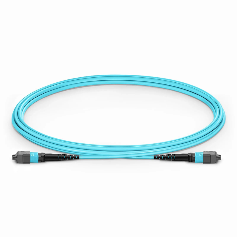 Refurb Squared 2m (7ft) MTP® Jumper, MTP®-12 UPC (Female) to MTP®-12 UPC (Female), 12 Fibers, Multimode (OM3), Plenum (OFNP), 0.35dB Max, Type B, Aqua