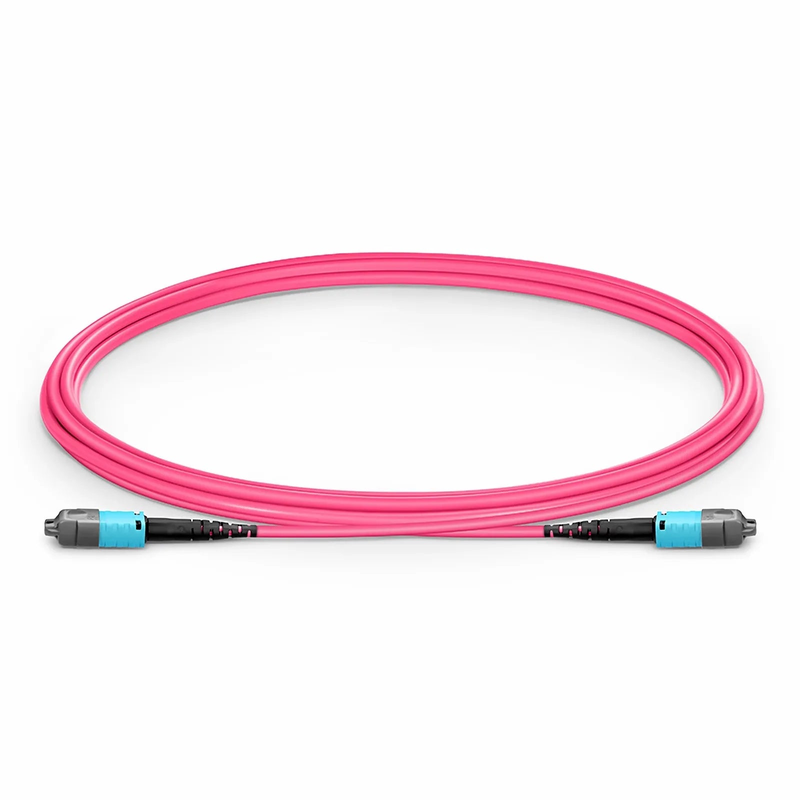 Refurb Squared 2m (7ft) MTP® PRO Jumper, MTP® PRO-12 UPC (Male) to MTP® PRO-12 UPC (Male), 12 Fibers, Multimode (OM4), Plenum (OFNP), 0.35dB Max, Type B, Magenta