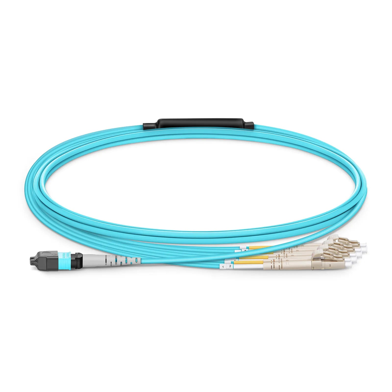 Refurb Squared 2m (7ft) MTP® Harness, MTP®-8 UPC (Female) to 4 x LC UPC Duplex, 8 Fibers, Multimode (OM4), Plenum (OFNP), 0.35dB Max, Type B, 1m Equal Breakout Length, Aqua