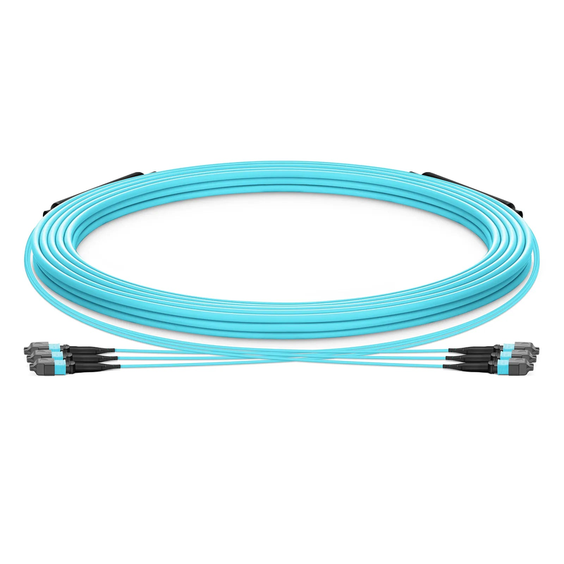 Refurb Squared 30m (98ft) MTP® Trunk Cable, MTP®-12 UPC (Female) to MTP®-12 UPC (Female), 36 Fibers, Multimode (OM3), Plenum (OFNP), 0.20dB Max, Type B, Double Jacket, Aqua