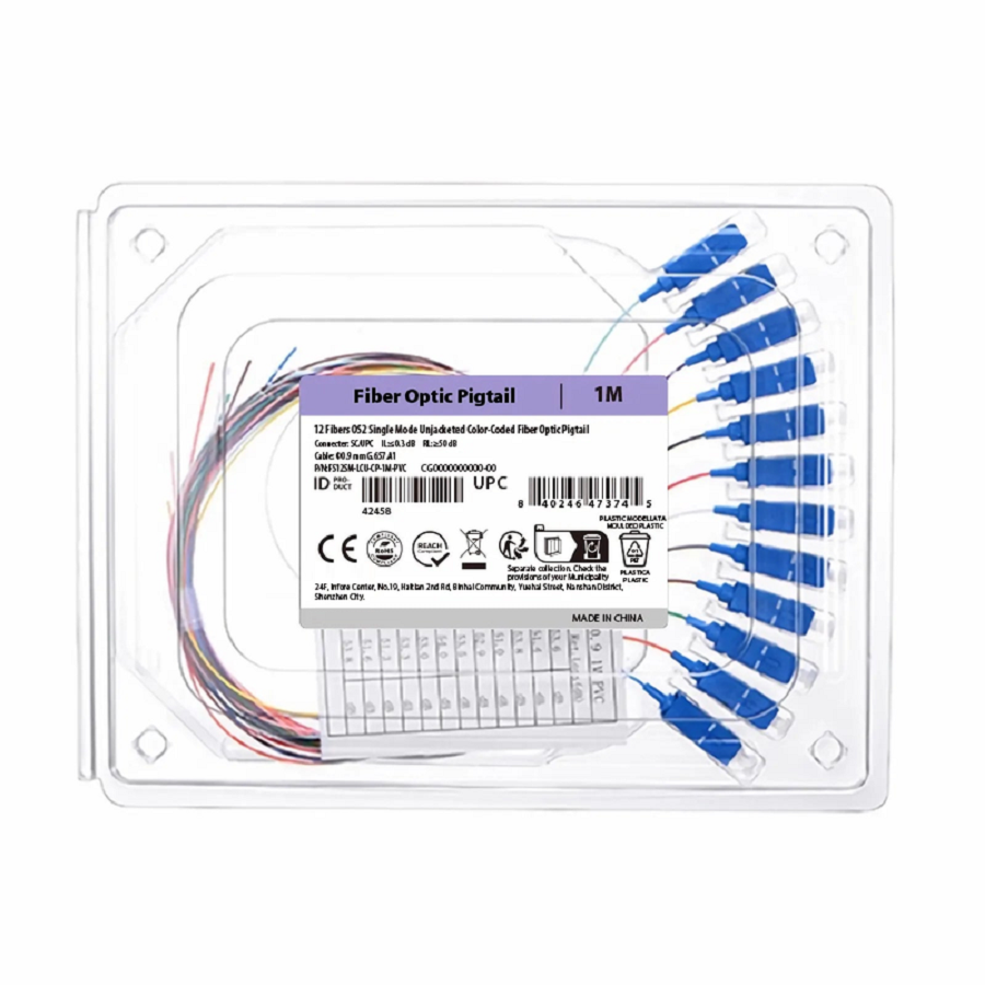 Refurb Squared 1m (3ft) Fiber Pigtail, SC UPC to Unterminated, 12 Fibers, Unjacketed Color-Coded, OS2 Single Mode, PVC (Unrated), 0.9mm, 12-Color