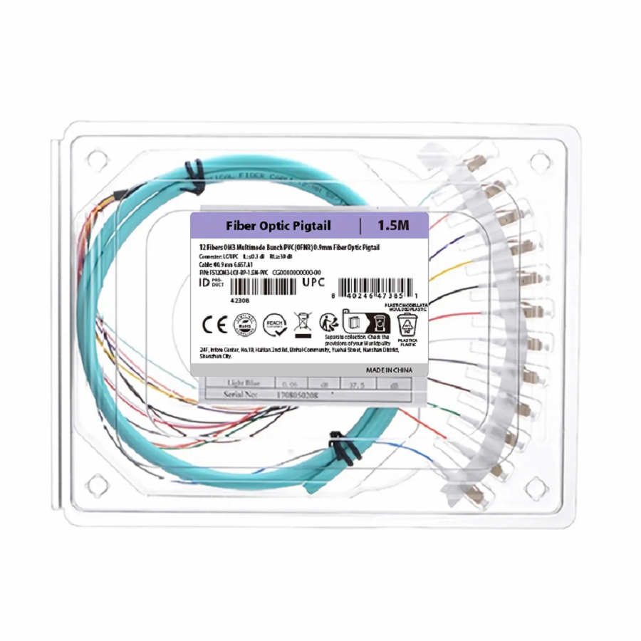 Refurb Squared 1.5m (5ft) Fiber Pigtail, LC UPC to Unterminated, 12 Fibers, Bunch, OM3 Multimode, PVC (Unrated), 0.9mm, Aqua
