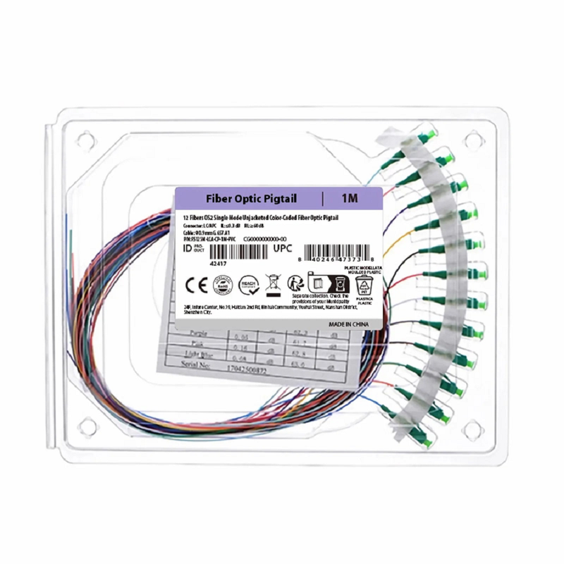 Refurb Squared 1m (3ft) Fiber Pigtail, LC APC to Unterminated, 12 Fibers, Unjacketed Color-Coded, OS2 Single Mode, PVC (Unrated), 0.9mm, 12-Color