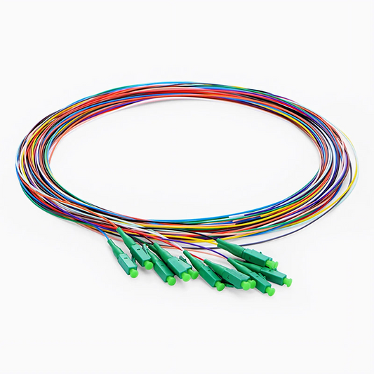 Refurb Squared 2m (7ft) Fiber Pigtail, LC APC to Unterminated, 12 Fibers, Unjacketed Color-Coded, OS2 Single Mode, PVC (Unrated), 0.9mm, 12-Color