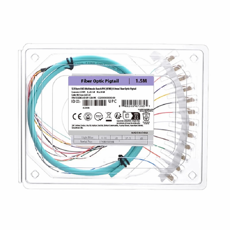 Refurb Squared 1.5m (5ft) Fiber Pigtail, LC UPC to Unterminated, 12 Fibers, Bunch, OM4 Multimode, PVC (Unrated), 0.9mm, Aqua