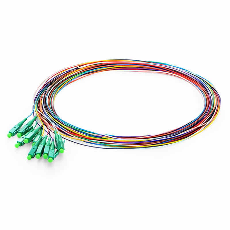 Refurb Squared 1m (3ft) Fiber Pigtail, LC APC to Unterminated, 12 Fibers, Unjacketed Color-Coded, OS2 Single Mode, PVC (Unrated), 0.9mm, 12-Color