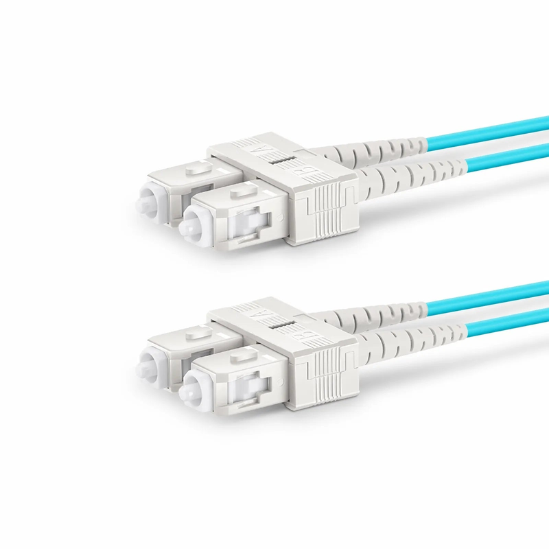 Refurb Squared 2m (7ft) Fiber Patch Cable, 2 Fibers, SC UPC Duplex to SC UPC Duplex, Multimode (OM4), Riser (OFNR), 1.6mm, Tight-Buffered, Aqua