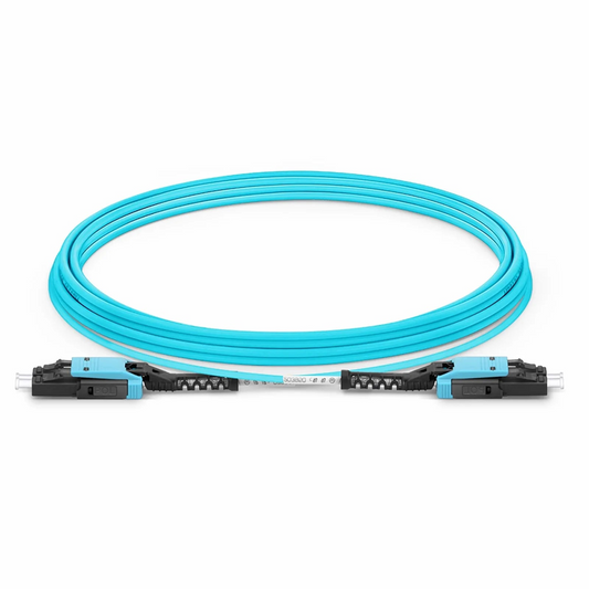 Refurb Squared 15m (49ft) Fiber Patch Cable, 2 Fibers, LC UPC Duplex to LC UPC Duplex Flat Clip with Push-Pull Boot Uniboot, Multimode (OM4), Riser (OFNR), 2.0mm, Aqua
