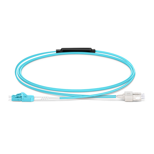 Refurb Squared 1m (3ft) Fiber Patch Cable, 2 Fibers, LC UPC Duplex Standard Clip Uniboot to SC UPC Duplex, Multimode (OM4), Riser (OFNR), 2.0/0.9mm, Aqua