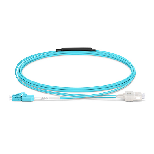 Refurb Squared 2m (7ft) Fiber Patch Cable, 2 Fibers, LC UPC Duplex Standard Clip Uniboot to SC UPC Duplex, Multimode (OM4), Riser (OFNR), 2.0/0.9mm, Aqua