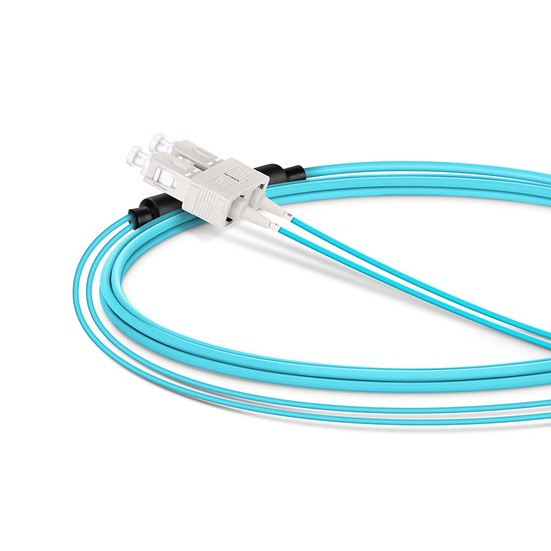 Refurb Squared 2m (7ft) Fiber Patch Cable, 2 Fibers, LC UPC Duplex Standard Clip Uniboot to SC UPC Duplex, Multimode (OM4), Riser (OFNR), 2.0/0.9mm, Aqua