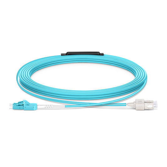 Refurb Squared 10m (33ft) Fiber Patch Cable, 2 Fibers, LC UPC Duplex Standard Clip Uniboot to SC UPC Duplex, Multimode (OM4), Riser (OFNR), 2.0/0.9mm, Aqua